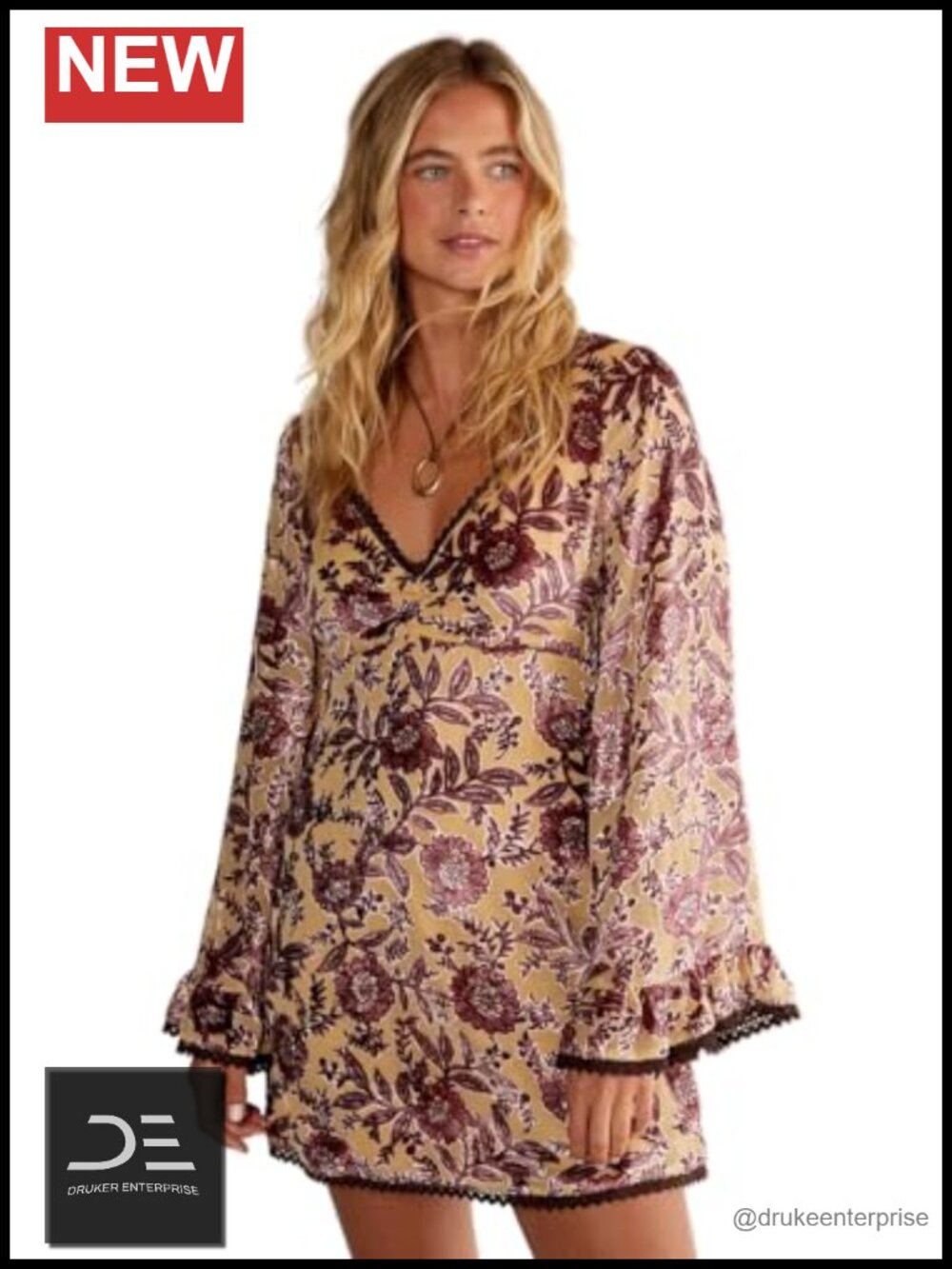 Vintage floral devore lace trim ruffle sleeve mini dress
